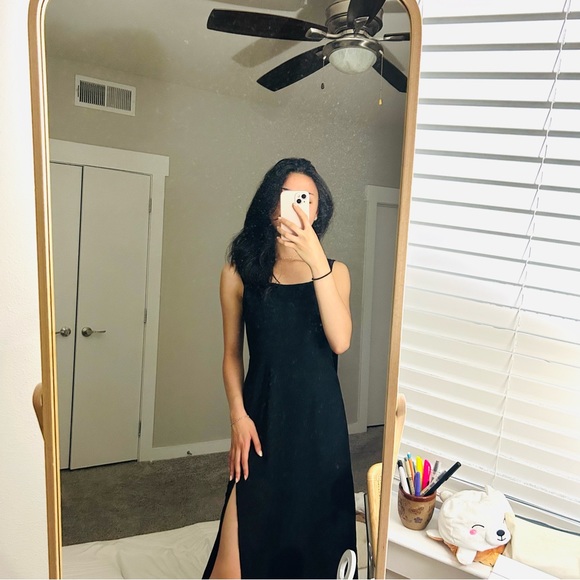 Black Square Neck Midi Dress with Slit - Picture 1 of 5